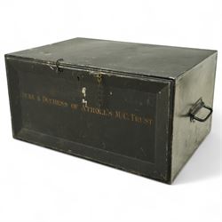 19th-century painted steel document box, front opening with shelf and side-mounted carrying handles, with maker's stamp for John Kelly & Son, Edinburgh, painted in gold lettering, 