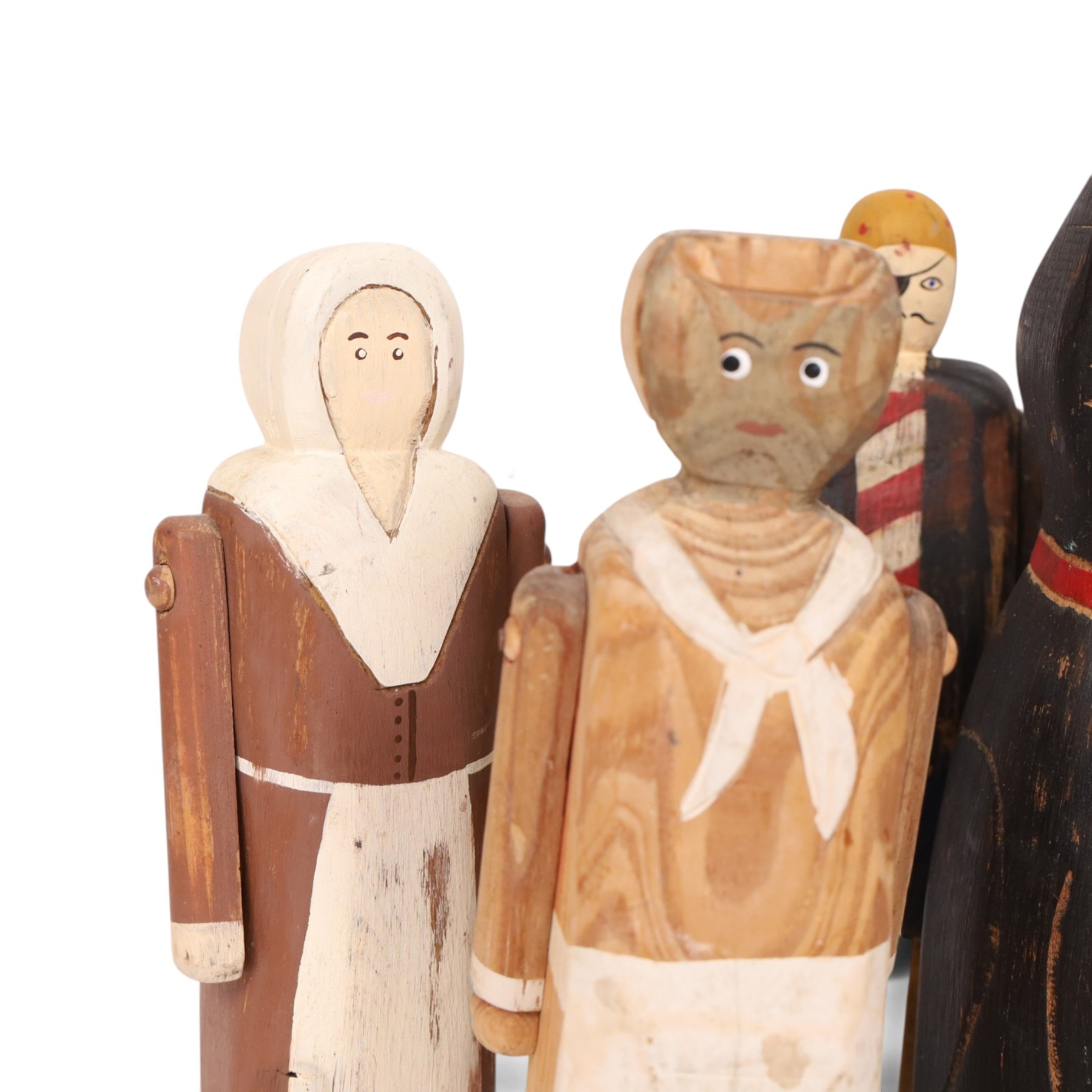 American Folk art figures, by Wolf Creek, comprising two cats, Father Christmas, Mrs Clause, Pirate and three others, with stamps and signatures beneath     