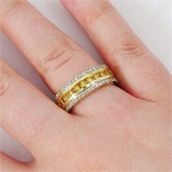Gold yellow sapphire and diamond three row full eternity ring, channel set calibre cut sapphires, with a row of round brilliant cut diamonds set either side, stamped 9K, total sapphire weight approx 2.95 carat, total diamond weight 0.85 carat