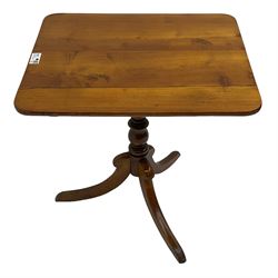 19th century elm tripod table, rectangular tilt-top on turned pedestal with three splayed supports 