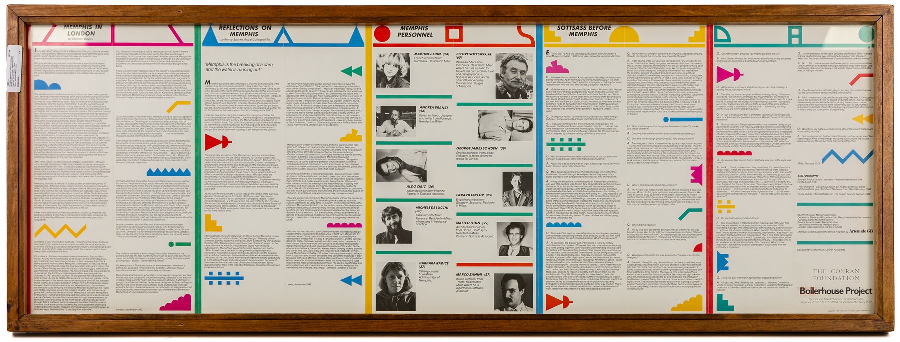 Memphis Milano in London promotional double-sided brochure, signed by Ettore Sottsass, framed 99cm x 34cm
Notes: Memphis Milano was an Italian architecture and design group, founded in 1981 by Sottsass. This exhibition was held at The Boilerhouse Project (a design gallery within the Victoria and Albert Museum) from 1982-83. The Boilerhouse Project later became The Design Museum, firstly at Shad Thames and then Kensington in 2016.