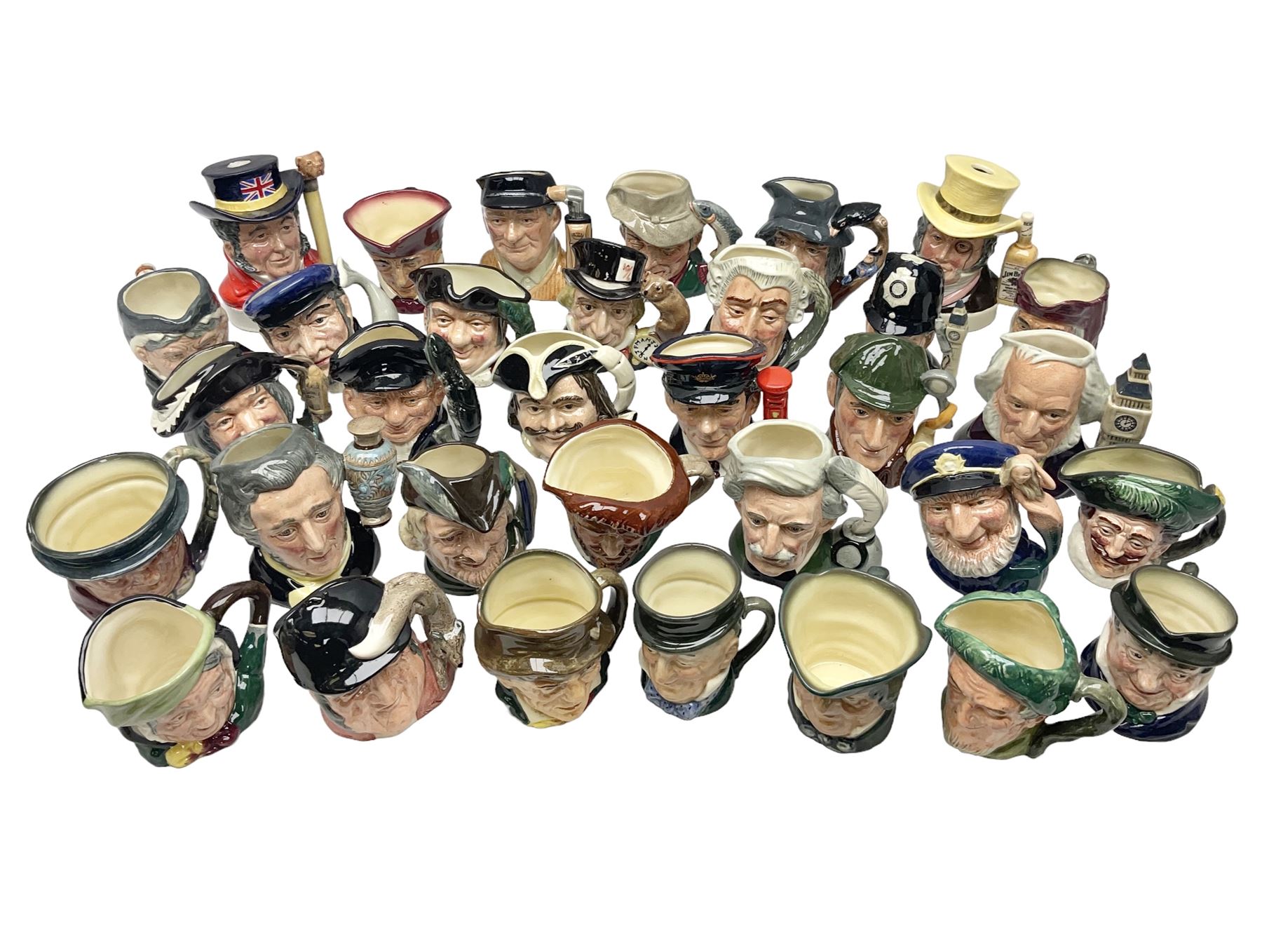 Large collection of Royal Doulton miniature character jugs, to include The Postman D6801, The London 'Bobby' D6762, Old Salt, D6554, Sir Henry Doulton D6703 etc  