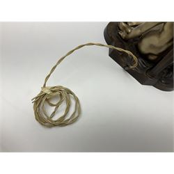 Art Deco style bronzed and gilded spelter figural table lamp with green Uranium glass shade; H48cm, another table lamp; and a bisque group