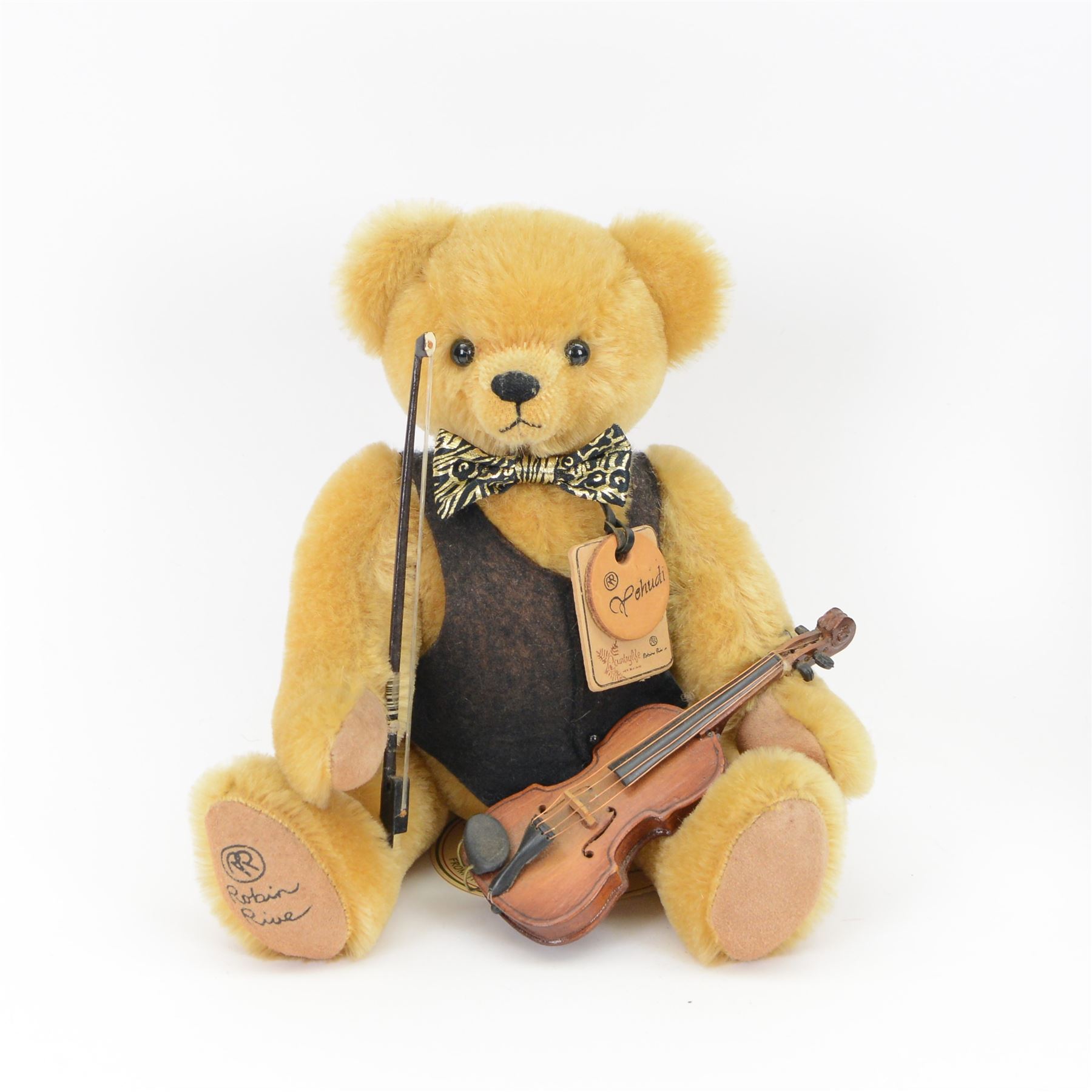 Two Robin Rive limited edition teddy bears, comprising 'Wordsworth', an ivory mohair bear with waistcoat and jacket limited edition no. 31/50 and 'Yehudi' , a yellow bear with violin limited edition no. 54/700, Wordsworth H33cm