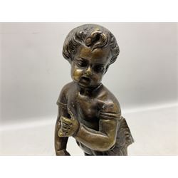 Pair of early 20th century French bronze faun figures modelled as young boys, probably originally from a clock garniture, together with a figure of a young girl sat with her knees tucked, tallest H24cm