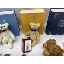 Five Charlie Bears Plush Hug Book Collection books, comprising Guide To Snuggleability containing Snuggleability CB191971F, Paw-Some Facts Directory containing Pawsome CB191971D, Bear Therapy Handbook containing Bear Therapy CB191971E, Study Buddy Handbook containing Study Buddy CB191971A, and Guide to Being Bear-illiant CB191971B, each designed by Isabelle Lee, each with tags, plus Charlie Bears Secret Hug Book (lacking contents), together with assorted Charlie Bear accessories, to include two Bear Ears Duffle headbands CBBEARSDUF, Egg Cup CB185198 , Incy Wincy CB205252AO, with tag, four key rings, all with tags, Bear Care Kit and contents, recipe cards, pin badges, tape measure, notebook, etc., (Qty)