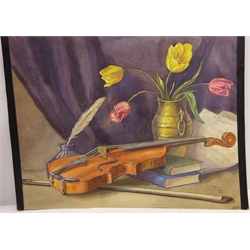  Still Life of Fruit and Wine, gouache signed by Royce Harmer 39.5cm x 49.5cm and Still Life of Violin, watercolour signed and dated (19)46 by Norman Gedling unframed 34cm x 44cm (2)    