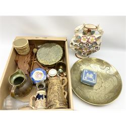 Wedgwood Jasperware trinket vase, ceramic jug and other decorative items, German tankard, pair of brass candlestick and a selection of metal ware. 