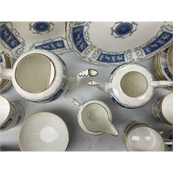 Coalport part tea and coffee service decorated in the 'Revelry' pattern, to include five teacups, nine saucers, twelve coffee cans, milk jug and sucrier, coffee pot and tea pot, cake plate etc