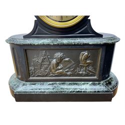Martin Baskett & Martin - late 19th century Belgium slate and marble 8-day striking mantle clock, movement housed in a drum case on a rectangular plinth with decorative carved volutes and variegated green marble, rectangular bronze panel to the front depicting a child artist at work, circular marble dial with a brass chapter ring engraved in Roman numerals, with a Parisian rack striking  movement striking the hours and half-hours on a bell. With key, no pendulum.