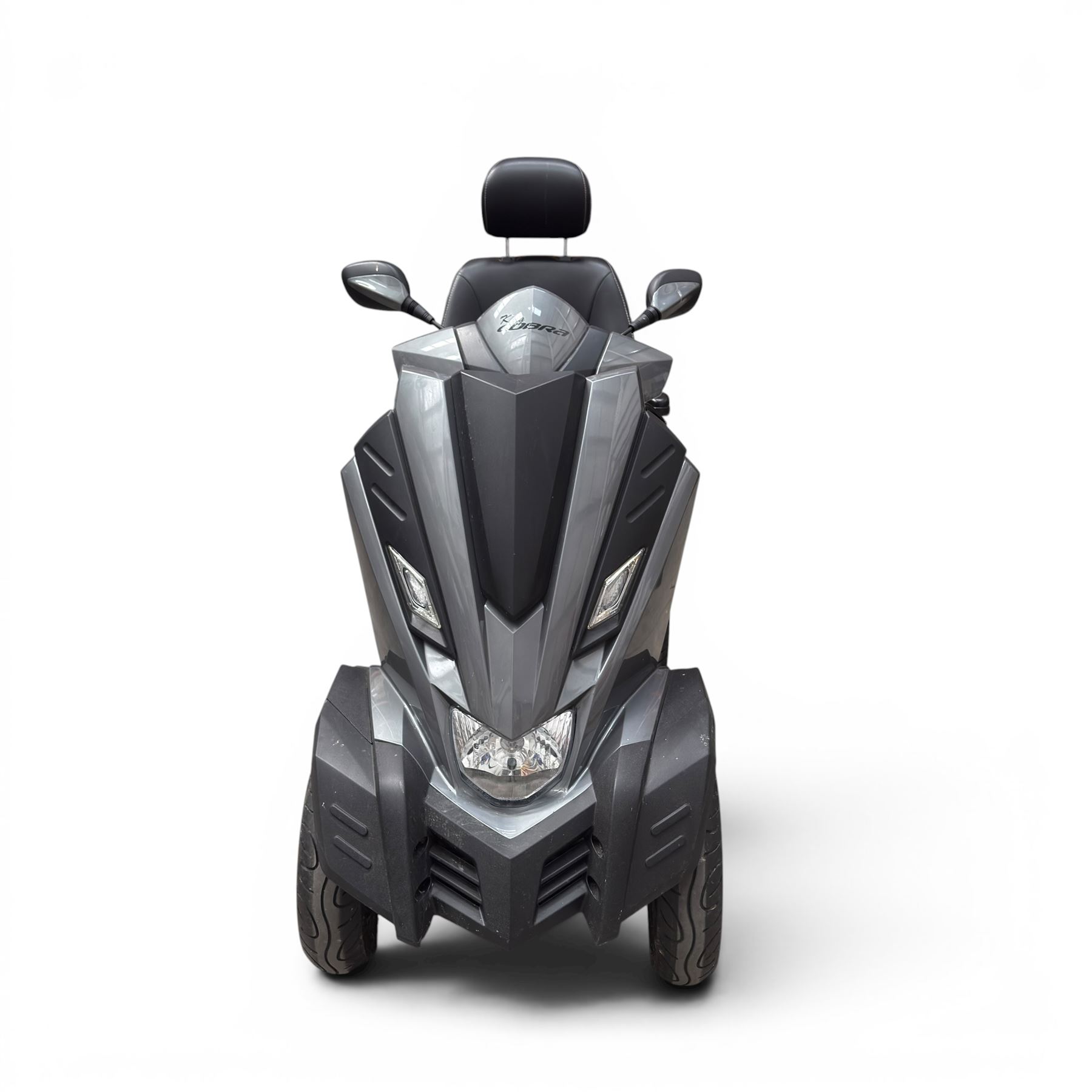 Drive King Cobra  - mobility scooter, four wheel model with black seat and headrest, lights and grey bodywork, 800 miles.