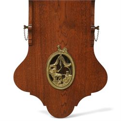 Dutch-mid 20th century Warmink WUBA wall clock, with a full length backboard and break arch hood with ebonised pilasters and three cast figures representing two trumpeting angels and Atlas to the pediment, with a fully painted break arch dial with a working axe moon dial and calendar aperture, chapter with Dutch minute arcading, Roman numerals and five minute Arabic's, three train chain driven countwheel striking movement with alarm and hours sounding on a bell. With three brass weights, brass chains and pendulum.