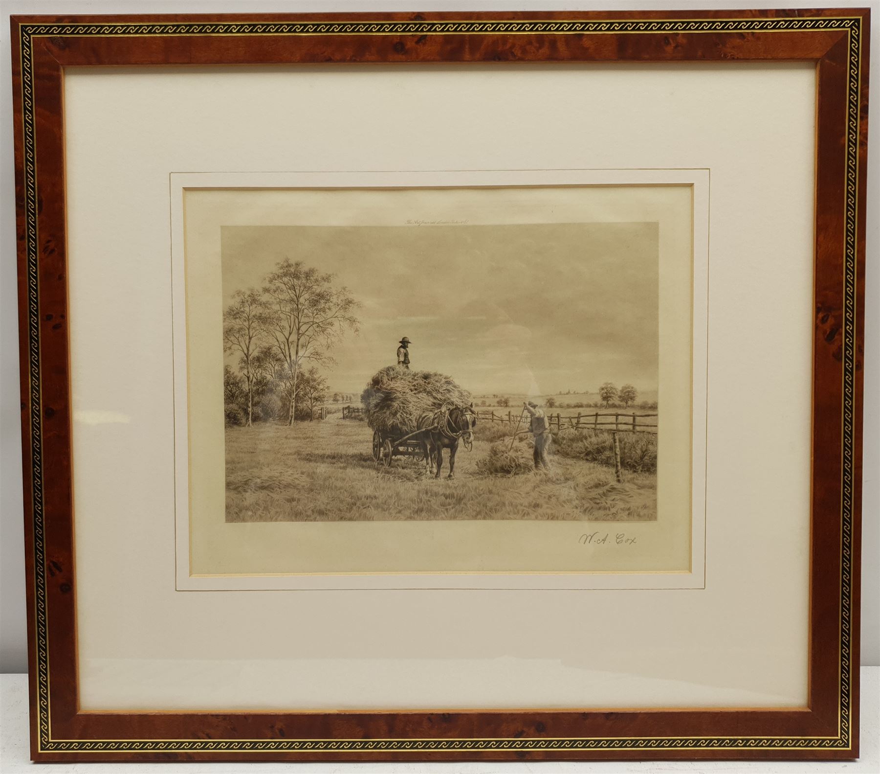Walter Alfred Cox (British 1862-1908): Gathering the Hay, mezzotint signed in pencil 21cm x 29cm, together with three further engravings after F Riley, max 17cm x 26cm (4)