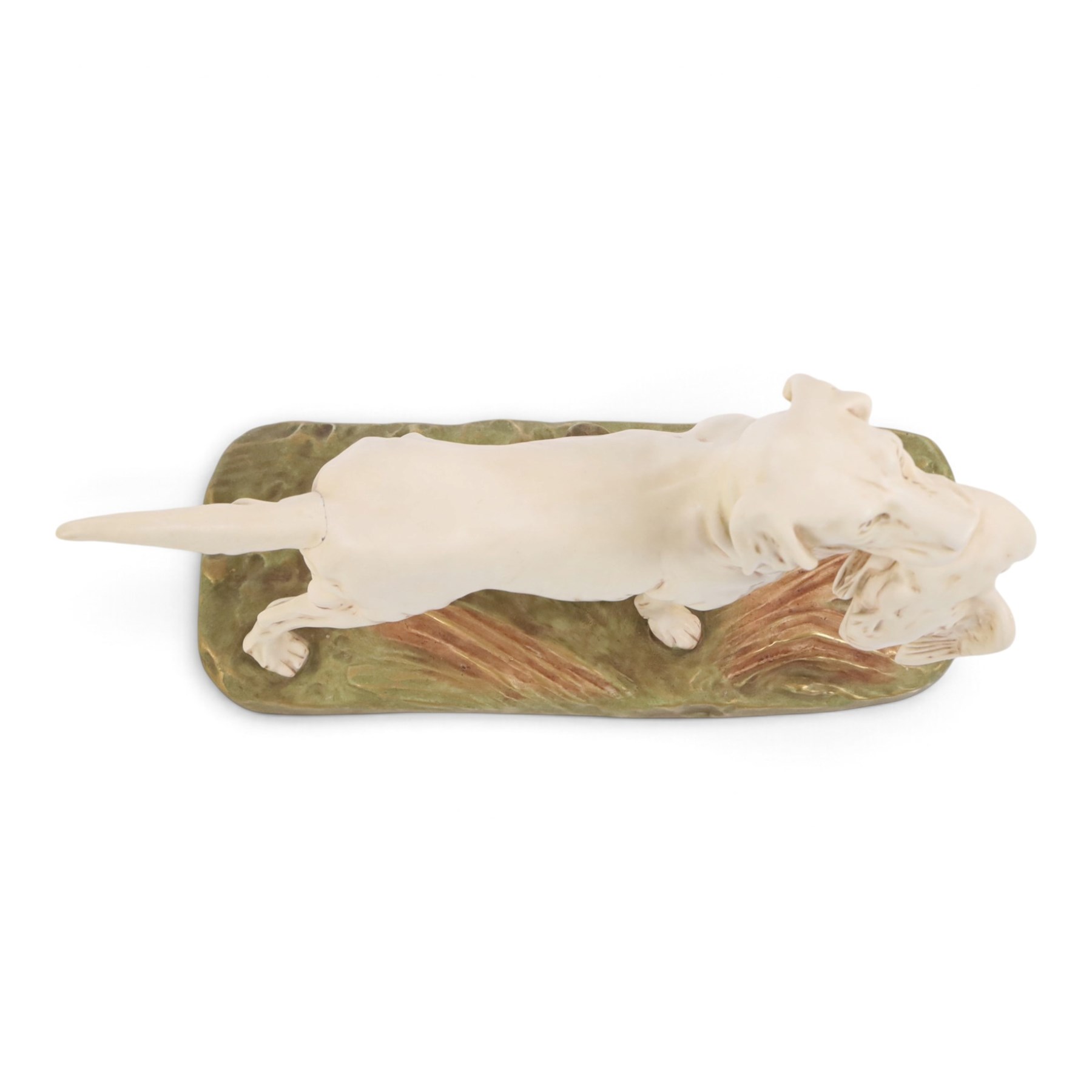 Royal Dux model of a hunting dog, with bird in mouth, upon gilt and green rustic base, marks beneath impressed  1193 and bearing pink applied Royal Dux triangle 