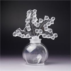 Lalique clear glass ' Clairefontaine' scent bottle with frosted glass stopper H12cm and another Lalique 'Folie' scent bottle  with arc tiara stopper H10cm both inscribed 'Lalique, France' (2)