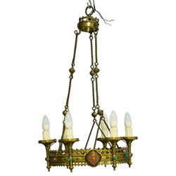 Gothic Revival brass six-light ecclesiastical chandelier, circular frame with pierced tref...