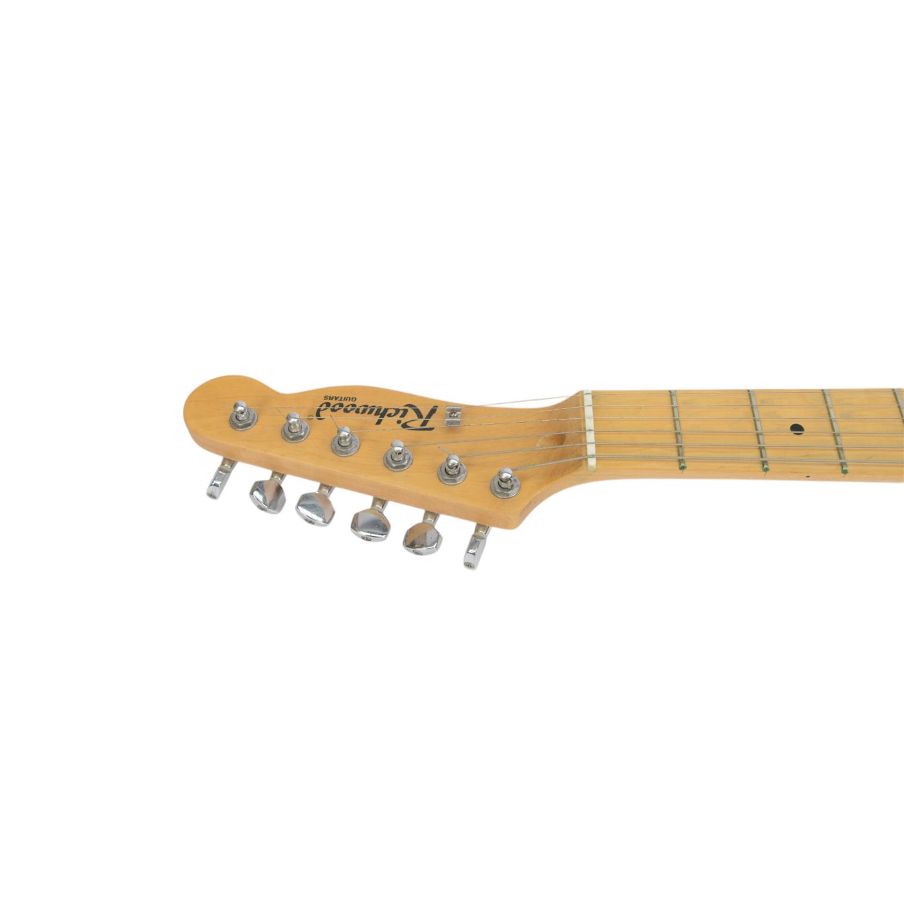 Two Richwood electric guitars, comprising Stratocaster style with cream body and Telecaster style with red metallic finish, L99cm
