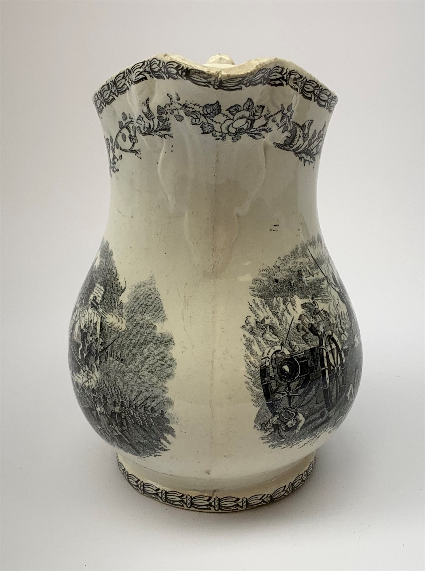 A 19th century Staffordshire pottery pearlware Crimea commemorative jug, black transfer printed with battle scenes, entitled Battle of Alma, Charge of the Highlanders, and Storming the Malakhofi, H18cm. 