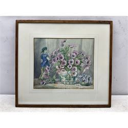 Arthur Bracken (British early 20th century): 'Flowers and the Gardener', watercolour signed, titled on label verso with artist's Kendal address 27cm x 31cm