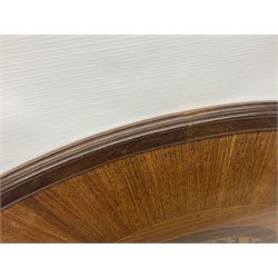 Late 19th/early 20th century mahogany and marquetry inlaid tray, of oval form with twin scrolled handles and moulded border, the central panel inlaid with figures seated at a table drinking tea, L99cm