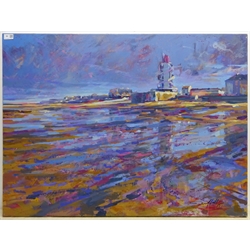 Jon Hall (Northern British 1956-): Redcar Beach, oil on canvas signed and dated '15, 75cm x 101cm (unframed)
Notes: Jon, aka Suncage, is a dedicated plein air painter in all manner of weather conditions. Jon is originally from the Hetton area of County Durham and trained at the old College of Art, Newcastle. He refers to himself as a Limner rather than an artist, describing himself as someone who describes something by painting or drawing it. Jon set a challenge for himself called ‘The Limner's Contract’, a contract with himself to complete paintings on site, every day for a year. Over 500 sketches were painted and chronicled with photographs and videos over the course of the year

