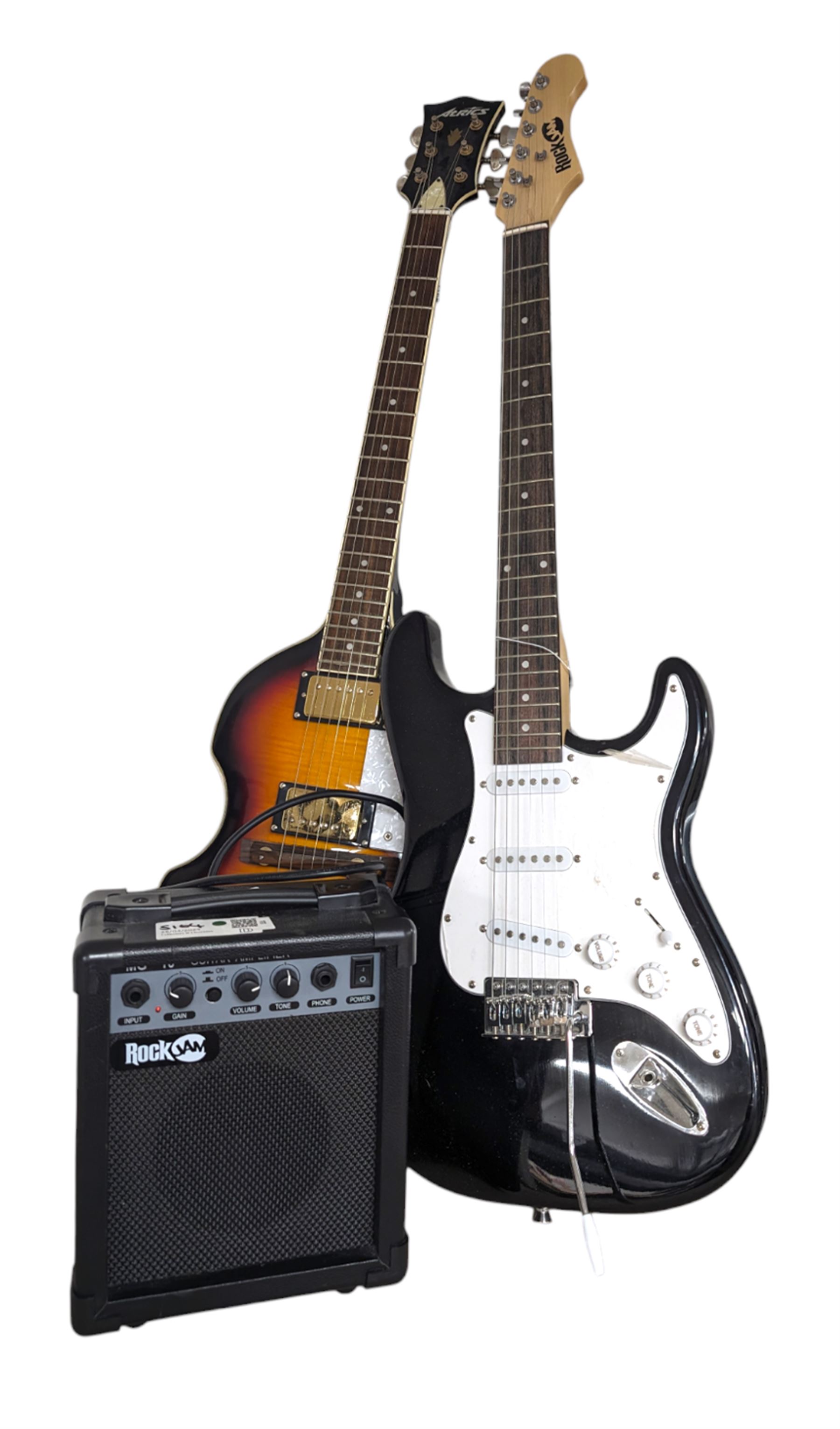 Rock Jam six string electric guitar, together with a Rock Jam amplifier and an Atrics guitar