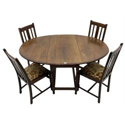 Early 20th century oak barley twist drop leaf dining table (105cm x 154cm, H74cm), and four chairs 