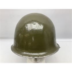 1950s French Algerian War steel helmet with liner; indistinctly marked 'S.I.A. LE EANS(?) 71R'