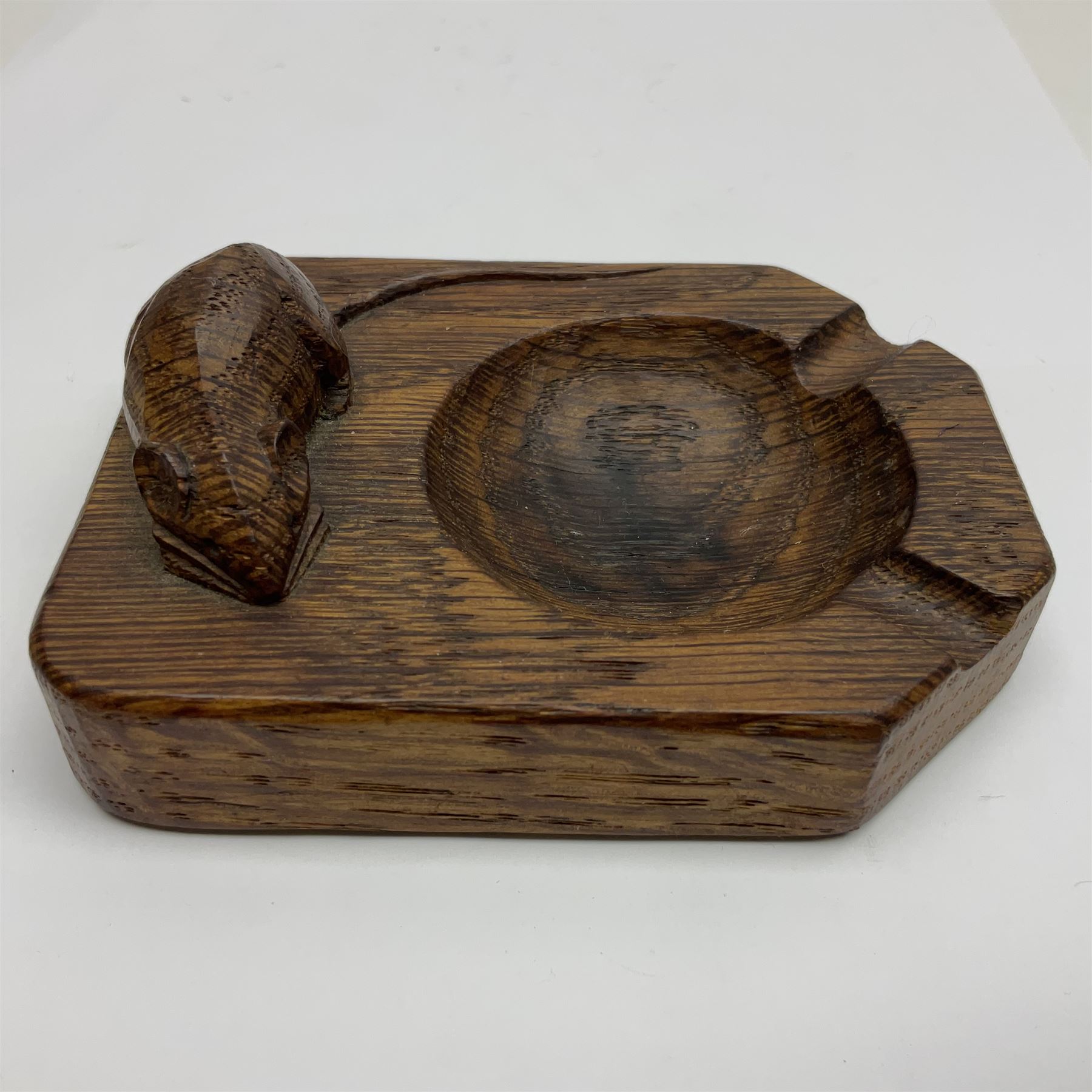 Mouseman - oak ashtray, rectangular form with rounded and canted corners, carved with mouse signature, by the workshop of Robert Thompson, Kilburn