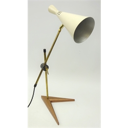  Mid 20th century copper and brass desk lamp, double ended conical lamp, two adjustable brass rods and a v-shaped copper finish aluminium base, H54cm   
