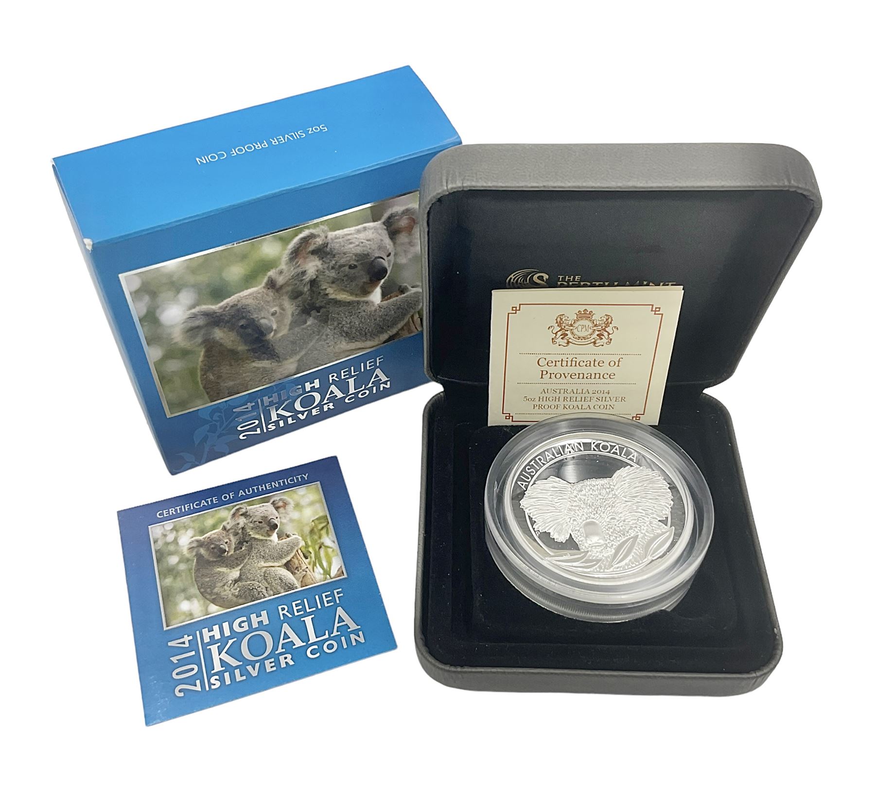 Queen Elizabeth II Australia 2014 'High Relief Koala' silver proof five ounce coin, cased with certificate