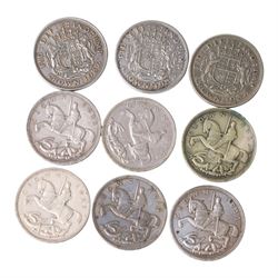 Six King George V 1935 'Rocking Horse' silver one crown coins and three King George VI 1937 silver one crown coins (9)