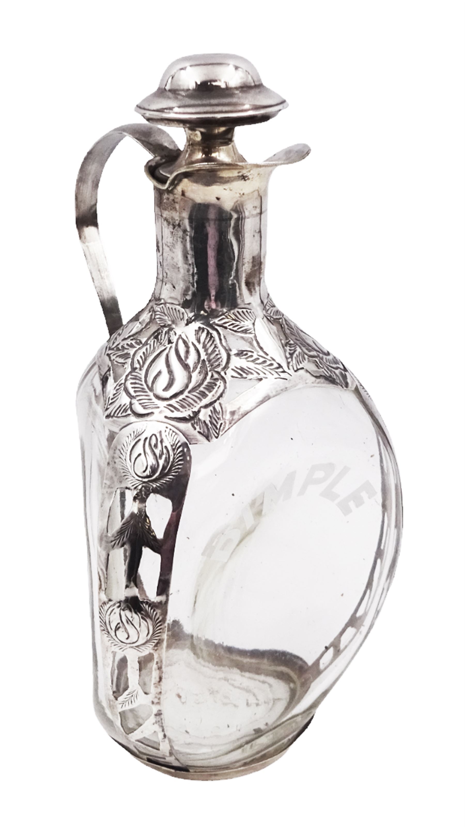 20th century Mexican silver overlaid Dimple whisky decanter/jug with stopper, the glass body overlaid with pierced floral silver decoration, with silver C handle and silver stopper, stamped 925 to base, H23.5cm