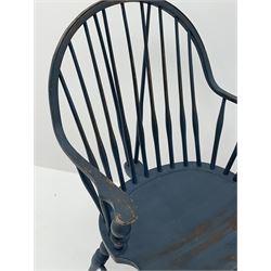 D.R. Dimes Furniture - set six American Windsor dining chairs, hoop and stick back on dished saddle seats, turned supports jointed by H stretchers, stamped underneath 'D.R.Dimes', two carvers and four side chairs