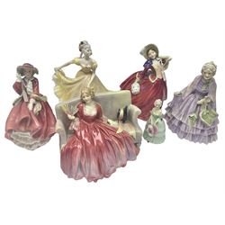 Six Royal Doulton figures, to include Gentlewoman HN1632, Sweet and Twenty HN1298, Top of the Hill HN1834 etc, all with printed mark beneath 