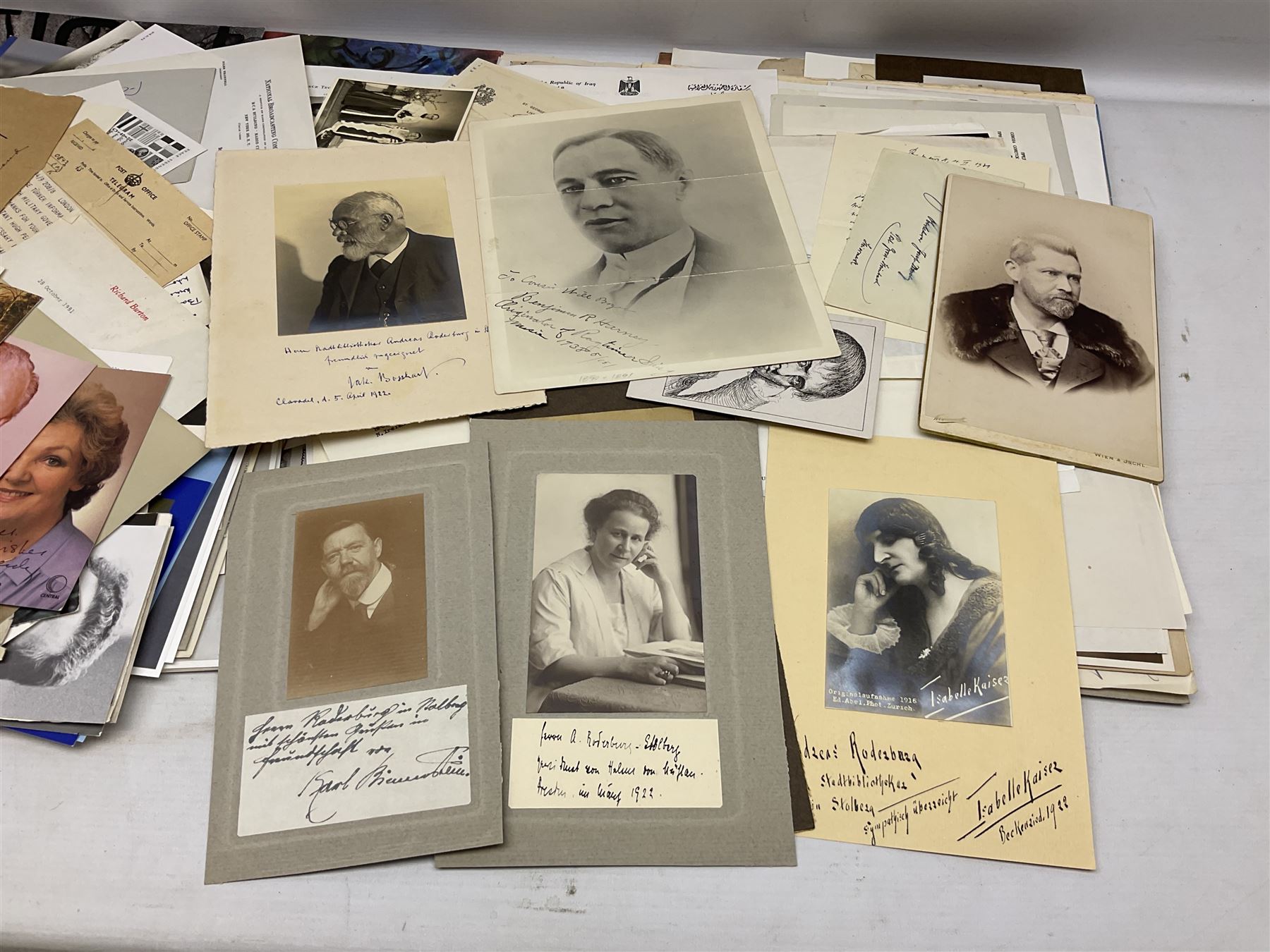 Over five-hundred and fifty autographs and signatures on cards, letters, posters, a book, photographs etc including Jefferson Davis, Lyndon B. Johnson, Orson Welles, Mary Pickford, Mickey Rooney, Peter O'Toole, Julie Andrews, Debbie Reynolds, Diana Dors, Alain Delon, Christiaan Barnard, Monica Lewinsky, Clifford Bax, Dom Mintoff, Pierre Trudeau, Margaret Truman, Marie Stopes, Havelock Ellis, Alfred Piccaver, Elisabeth Schumann, James Doolittle, Will Hays, Jesse Lasky, Billie Whitelaw, Megan Lloyd George, Leni Riefenstahl, Princess Anne & Captain Mark Phillips, Princess Alexandra of Kent & Angus Ogilvy, Prince & Princess Michael of Kent, Laurence Olivier, Leslie Caron, Lillian Hellman, Roddy Doyle, Max Mosley, Charlton Heston, Jerry Lewis, Jeremy Brett, Tallulah Bankhead, Russell Braddon, Marc Chagall, Roy Jenkins, Beatrice Webb, Olave Baden-Powell, Samuel Hoare, Leslie Hore-Belisha, Amelita Galli-Curci, Joan Miro, Tony Blair, Beryl Cook, Giles etc