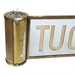 Way Out sign, from cinema or theatre, the central glass panel market Way Out, with brass border and two cylindrical brass mounts for lights to each end, H25cm, L81cm 
