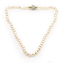 Single strand cultured pearl necklace, with 18ct gold pave set diamond clasp, Sheffield import mark 1996