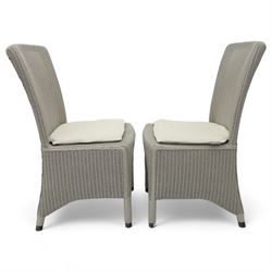 Neptune – Sheldrake limed oak extendable dining table and eight Havan loom chairs, the oval top in limed oak finish with four additional leaves extending the table to seat up to ten (Extends to cm), raised on turned legs with two additional centre supports, the matching Havan loom chairs finished in grey with cream upholstered seat covers (H 95cm, W 47cm, D 55cm)