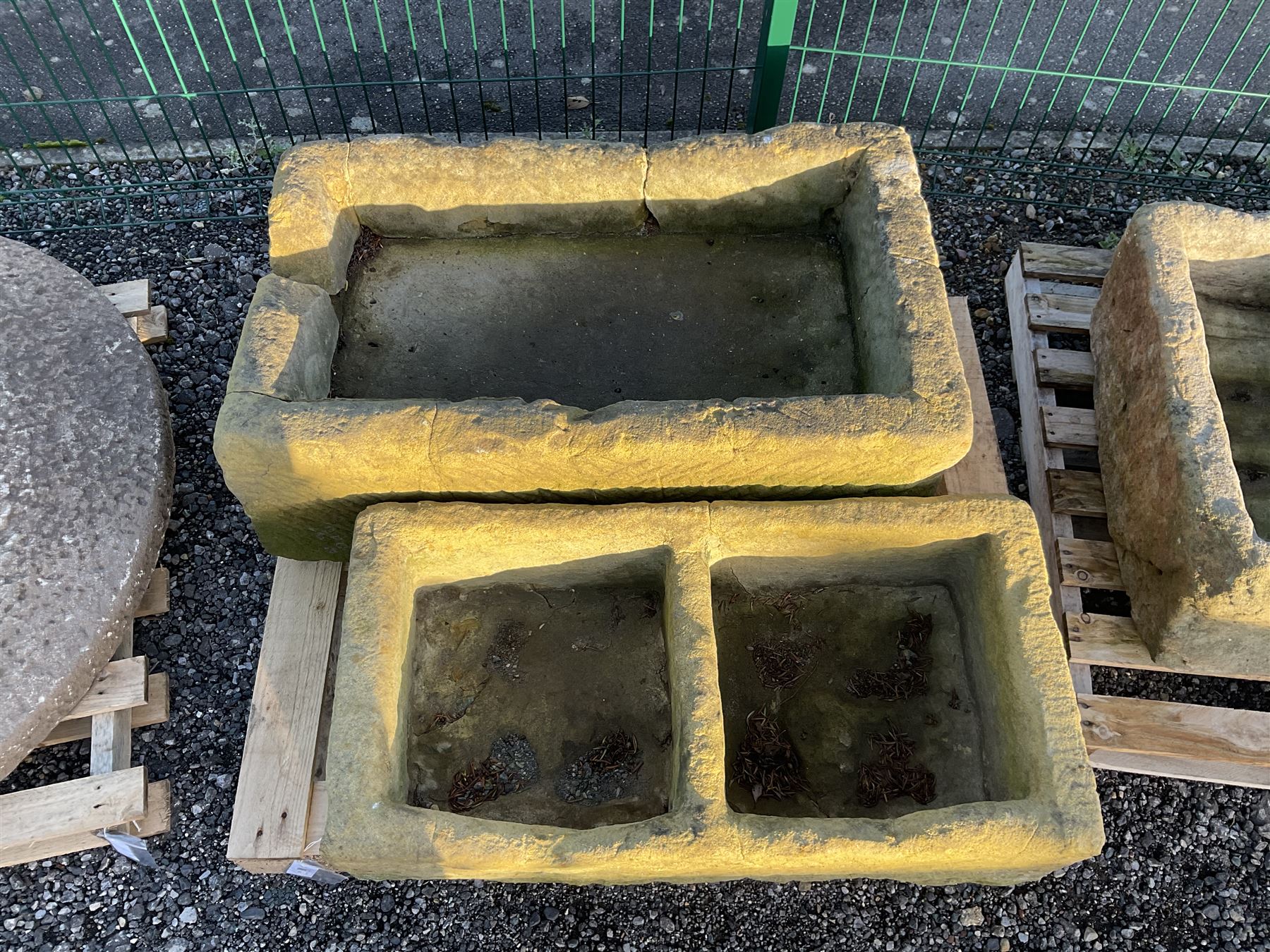 19th century two division stone trough and a medium rectangular stone trough with concrete base (2) - THIS LOT IS TO BE COLLECTED BY APPOINTMENT FROM DUGGLEBY STORAGE, GREAT HILL, EASTFIELD, SCARBOROUGH, YO11 3TX