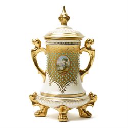 Coalport porcelain jewelled vase and cover, circa 1900, painted with a small enamel reserv...