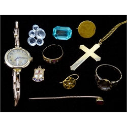 Gold cross, hallmarked 9ct on gold chain stamped 9ct, gold mourning ring shank stamped 9ct, dated Dec 13 1829, gold ruby stick pin, gold 5 Francs coin earring,  gold wristwatch, hallmarked 9ct, loose stones etc  