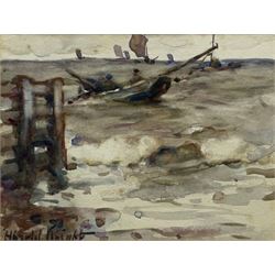 Harold Knight (Staithes Group 1874-1961): Staithes Cobles leaving the Shore, watercolour signed 15cm x 20cm