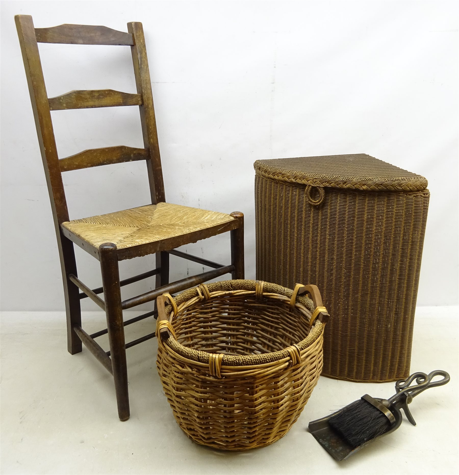 Lloyd Loom corner laundry basket, twin handled wicker log basket, D37cm x H32cm, brass fireside