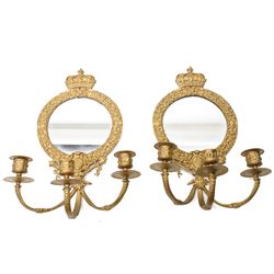 Pair of gilt metal three branch girandole, each surmounted by a coronet, H37cm (2)