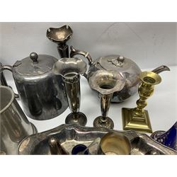 1920s silver five piece dressing table set, hallmarked Birmingham 1924, together with silver commemorative Queen Elizabeth spoon, hallmarked, two French enamel epergne trumpets and other metal ware, in one box