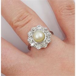 Platinum cultured split pearl and old cut diamond cluster ring, makers mark M & M, stamped PT, total diamond weight approx 0.85 carat