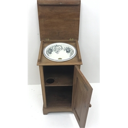  Victorian fruitwood bedside cabinet, hinged top enclosing porcelain wash bowl, above single cupboard door, plinth base, W40cm, H78cm, D39cm  