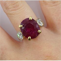 18ct gold three stone oval ruby and round brilliant cut diamond ring, hallmarked, total diamond weight approx 1.35, ruby approx 8.00 carat