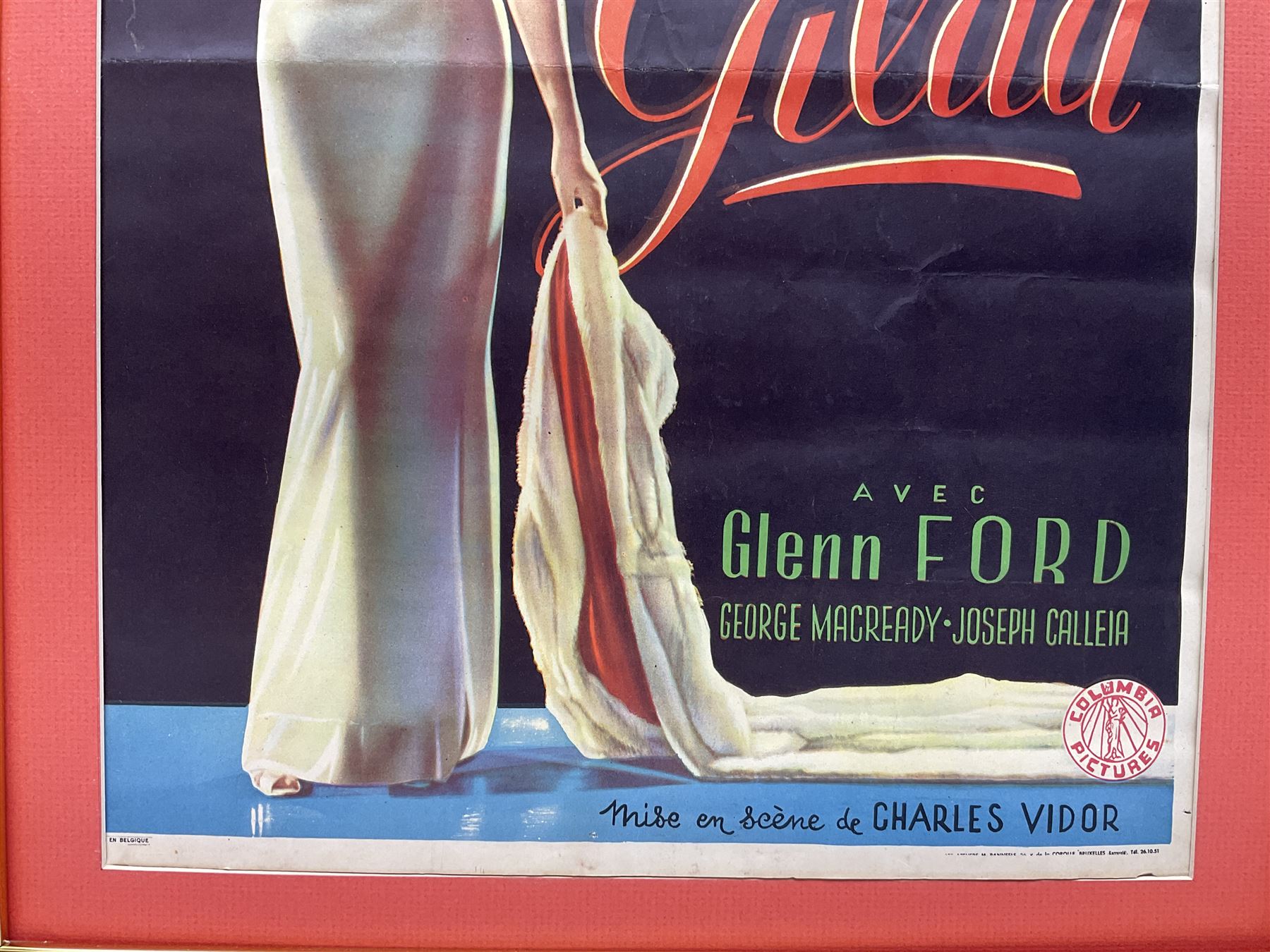Columbia Films 'Gilda' film poster, starring Rita Hayworth and Glenn Ford, framed, poster 47cm x 35cm